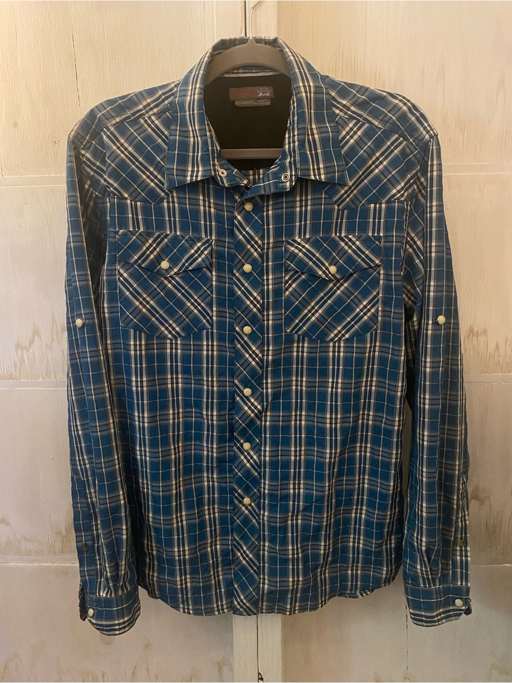 Wrangler Blue Plaid Long-Sleeve Pearl Snap Button-Down Medium Shirt
